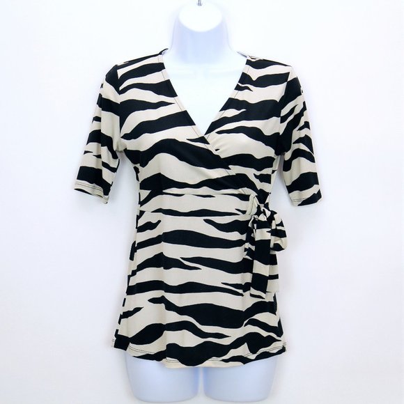 MERONA Size XS Womens Animal Print  Zebra Faux Wrap Tie Pullover Top Black White - Picture 1 of 6